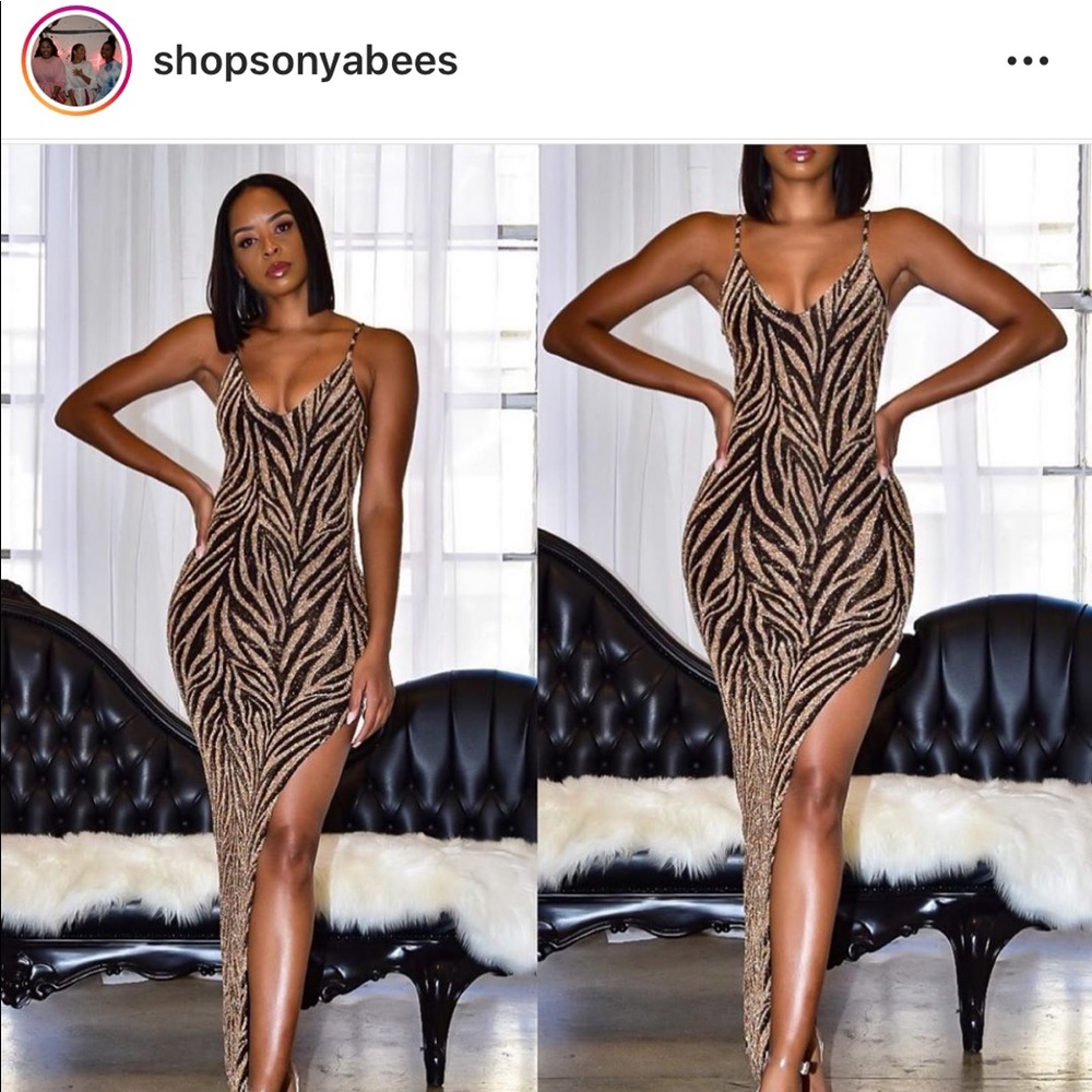 Sonya Bee Black and Gold Glitter High Slit Dress